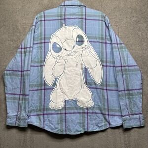 Disney Cakeworthy Stitch Unisex‎ Blue Purple Plaid Flannel Button Up Shirt L